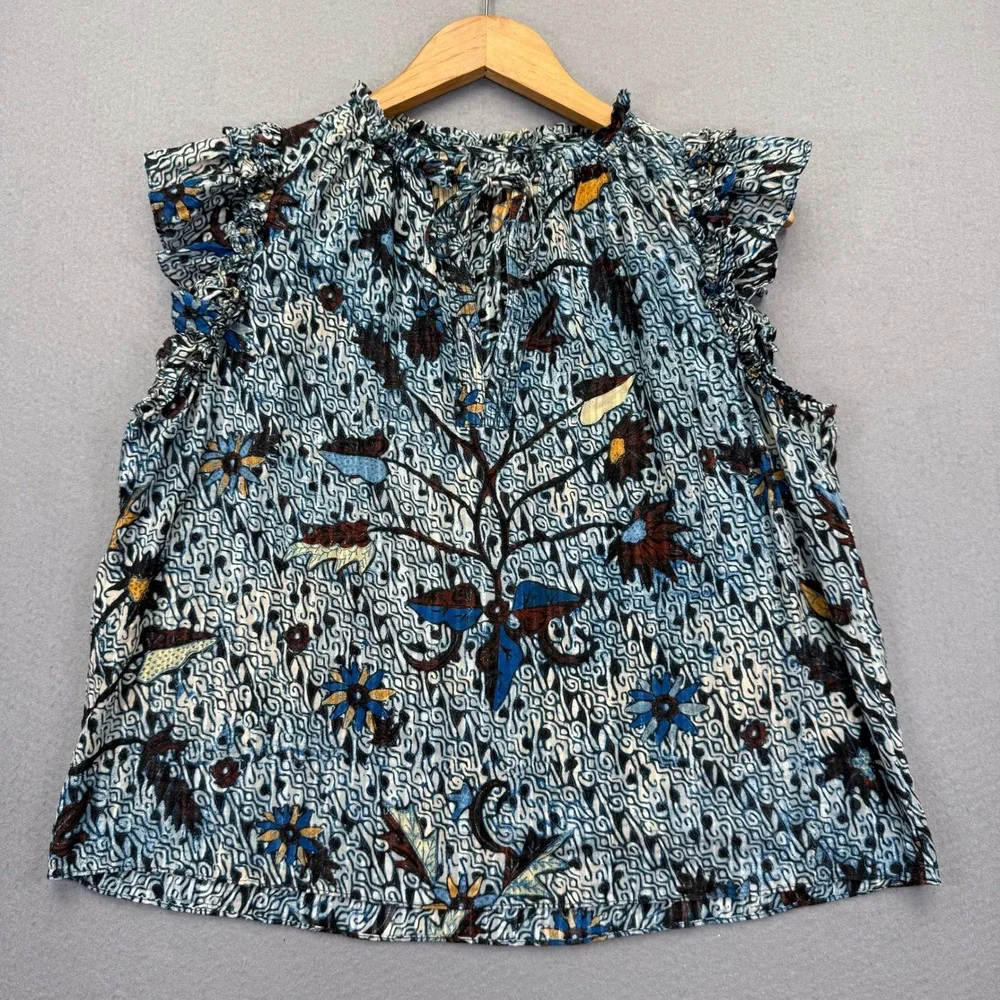 Ulla Johnson Blue Batik Floral Ruffle Cap Sleeve Cotton Viscose Top Size 10